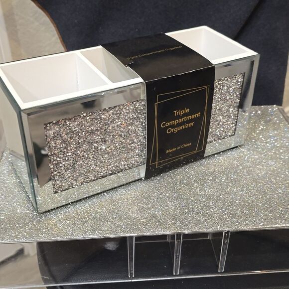 At Home Crushed Diamond Mirrored Triple Compartment Organizer - Picture 6 of 11
